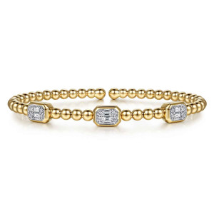 Gabriel & Co. BG5440-57M44JJ 14 karat white and yellow gold Bujukan bangle, front view of three cut corner diamond stations spaced along the single bead string