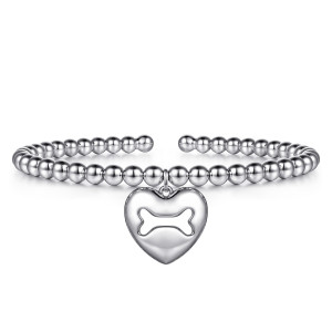 Gabriel & Co. BG5443-57SVJJJ sterling silver Bujukan bangle, front view of the domed heart with the bone cutout hanging below the beads