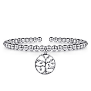 Gabriel & Co. BG5447-57SVJJJ sterling silver Bujukan bangle, front view of the round tree charm with its leafy branches hanging from the beads