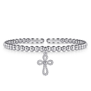 Gabriel & Co. BG5448-57SVJJJ sterling silver Bujukan bangle, front view of the rope cross hanging below the beads, with the gap and a maker's mark above