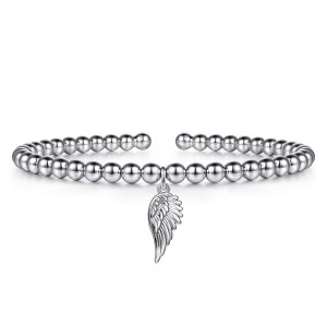 Gabriel & Co. BG5451-57SVJJJ sterling silver Bujukan bangle, front view of the open beaded cuff with the wing charm hanging below the middle