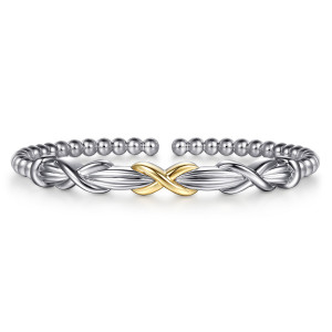 Gabriel & Co. BG5486-57MZJJJ sterling silver and 14 karat yellow gold Bujukan bangle, front view of the glossy X at the center between ribbed sections and twisted crossovers