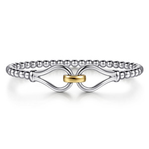 Gabriel & Co. BG5487-57MZJJJ sterling silver and 14 karat yellow gold Bujukan bangle, front view of two open teardrop loops joined by a small warm-toned oval link