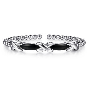 Gabriel & Co. BG5489E857SVJJJ sterling silver Bujukan bangle, front view of two black enamel panels joined by crossed bands between bead strands