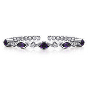 Gabriel & Co. BG5490-57SVJAM sterling silver Bujukan bangle, front view of a row of purple marquise stones with bead clusters between them