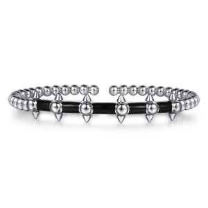 Gabriel & Co. BG5492E857SVJJJ sterling silver Bujukan bangle, front view of glossy black enamel panels between domed studs with spikes, beaded ends above