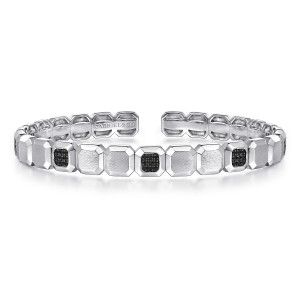 Gabriel & Co. BGM2056-72SVJBS sterling silver Geo men's cuff bracelet, front view of satin octagonal plates and black stone clusters, with the opening at the back