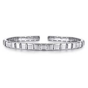 Gabriel & Co. BGM2170-72SVJJJ sterling silver Geo men's bangle, front view of an open cuff with a row of raised square blocks and a maker's mark inside