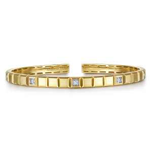 Gabriel & Co. BGM2179-72Y45JJ 14 karat yellow gold Geo men's cuff bracelet, front view of the cuff showing satin blocks and diamonds in square frames