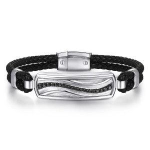 Gabriel & Co. BGM2203-72SVJBS sterling silver Meridian men's id bangle, front view of the wave carved plate, braided strands and squared screw closure