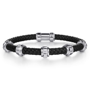 Gabriel & Co. BGM2205-72SVJJJ sterling silver Geo men's bracelet, front view of the braided loop with five spacers and a cylindrical connector at the top