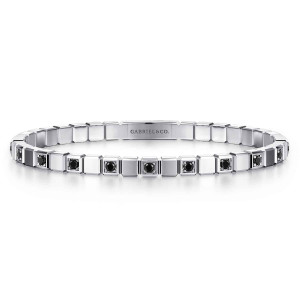 Gabriel & Co. BGM2238-72SVJBS sterling silver Geo men's bangle, front view of the closed bangle with black stones in frames between plain polished blocks