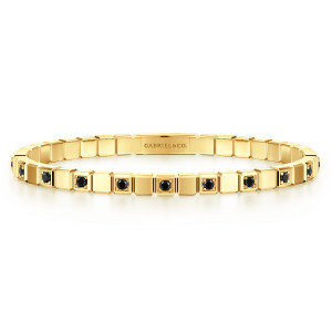 Gabriel & Co. BGM2238-75Y4JBD 14 karat yellow gold Geo men's bangle, front view of polished square blocks alternating with black round stones in square frames