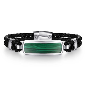 Gabriel & Co. BGM2266-72SVJMA sterling silver Contemporary men's id bracelet, front view of the double braided strands, striped green plate and barrel closure behind