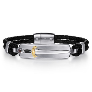 Gabriel & Co. BGM2283-72MZJGN sterling silver and 14 karat yellow gold Forged in Love men's id bracelet, front view of the braided bands and the plate with its raised blade and red stone