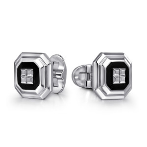 Gabriel & Co. CL20014E8SVJJJ sterling silver Geo men's cufflinks, front view of the pair with stepped rims and a faceted block on a dark ground