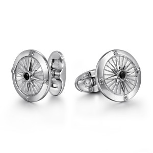 Gabriel & Co. CL20015SVJBS sterling silver Polaris men's cufflinks, angled view of both round compass faces with their radiating lines and small black stones