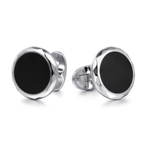 Gabriel & Co. CL20024E8SVJJJ sterling silver Facets men's cufflinks, front view of two round black faces in polished rims cut with small flat planes