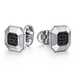 Gabriel & Co. CL20055SVJBS sterling silver Geo men's cufflinks, front view of the pair, each face with angled facets around a panel of tiny black stones