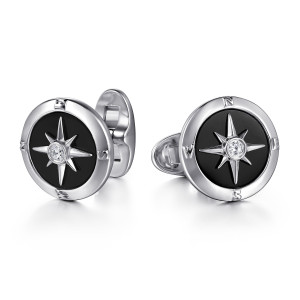 Gabriel & Co. CL20083SV5OX sterling silver Polaris men's cufflinks, front view of both round faces, each with a raised star and small center stone on black