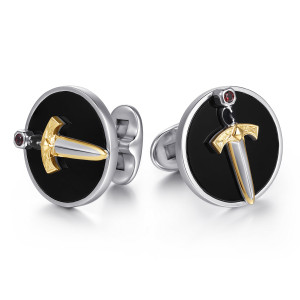 Gabriel & Co. CL20191E8MZJMC sterling silver and 14 karat yellow gold Forged in Love men's cufflinks, front view of the pair, each with a dagger, an engraved guard and a small red stone
