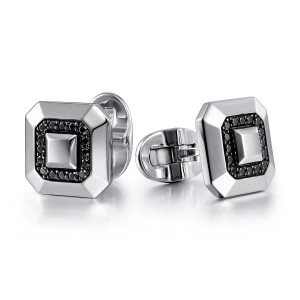Gabriel & Co. CL36SVJBS sterling silver Geo men's cufflinks, front view of two square faces with black stone borders and an oval hinged toggle back