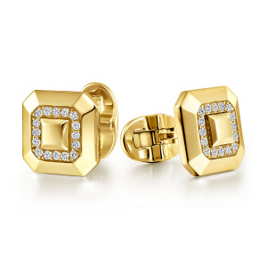 Gabriel & Co. CL36Y45JJ 14 karat yellow gold Geo men's cufflinks, front view of the pair, one face showing beveled planes and a diamond ring around a raised block