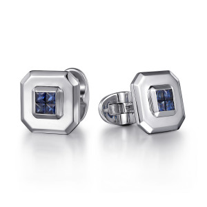 Gabriel & Co. CL38SVJSA sterling silver Geo men's cufflinks, front view of two cut corner polished plates with blue stone blocks and a hinged back bar