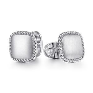 Gabriel & Co. CL39SVJJJ sterling silver Hampton men's cufflinks, front view of the pair with brushed cushion faces, rope borders and folding bars behind