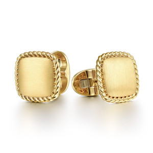 Gabriel & Co. CL39Y4JJJ 14 karat yellow gold Hampton men's cufflinks, front view of a pair with brushed cushion faces and twisted rope borders
