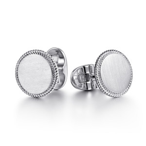 Gabriel & Co. CL40SVJJJ sterling silver Hampton men's cufflinks, angled view of two round brushed faces edged in rope with their oval backs turned out