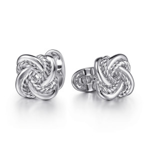 Gabriel & Co. CL41SVJJJ sterling silver Hampton men's cufflinks, front view of the matched pair with polished loops crossing twisted rope strands and oval backs