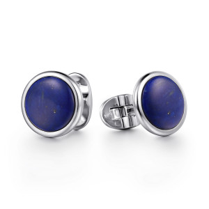 Gabriel & Co. CL43SVJLP sterling silver Contemporary men's cufflinks, front view of the pair with domed deep blue faces and a hinged bar on the back