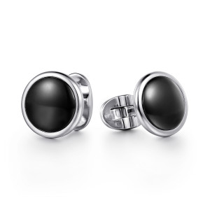 Gabriel & Co. CL43SVJOX sterling silver Contemporary men's cufflinks, front view of the pair, with the glossy black domes and the folded bar behind one