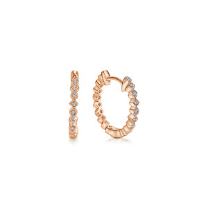 Gabriel & Co. EG10989K45JJ 14 karat rose gold Lusso earrings, front view of the pair, each hoop with small stones in alternating rimmed frames
