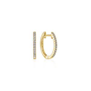 Gabriel & Co. EG11122Y45JJ 14 karat yellow gold Lusso earrings, front view of the pair, a single prong set stone row on the outer edge of each oval loop
