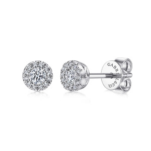 Gabriel & Co. EG11812W45JJ 14 karat white gold Lusso earrings, angled view of the pair showing the diamond halo, the openwork crown side, and the post