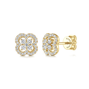 Gabriel & Co. EG12221Y45JJ 14 karat yellow gold Lusso earrings, front view of the pair, one clover face on, one turned to show the post and push back
