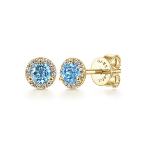 Gabriel & Co. EG12372Y45BT 14 karat yellow gold Color earrings, front view of the pair, one stud facing out and one turned to show the post