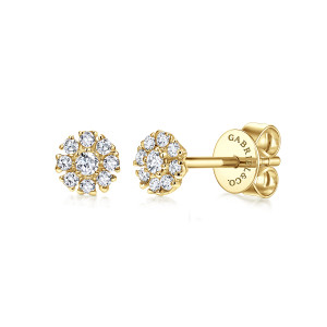 Gabriel & Co. EG12377Y45JJ 14 karat yellow gold Lusso earrings, front view of the pair showing the main diamond and the ring of round stones around it