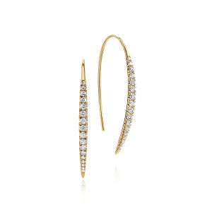 Gabriel & Co. EG12629Y45JJ 14 karat yellow gold Kaslique earrings, angled view of one wire arch beside the other earring seen edge on, showing the row of stones