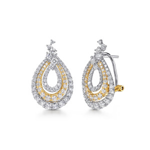 Gabriel & Co. EG12700M84JJ 18 karat white and yellow gold Lusso earrings, front view of the pair, nested teardrop loops with the climbing top cluster and a curved arm behind