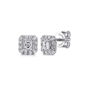 Gabriel & Co. EG12707W45JJ 14 karat white gold Lusso earrings, front view of the pair, one stud turned to show its post and push back