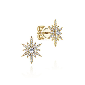 Gabriel & Co. EG12956Y45JJ 14 karat yellow gold Kaslique earrings, front view of one star facing out and one turned to show the maker's mark