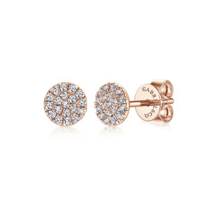 Gabriel & Co. EG12966K45JJ 14 karat rose gold Lusso earrings, front view of the pair, one disc face on and one angled to show its post
