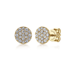 Gabriel & Co. EG12968Y45JJ 14 karat yellow gold Lusso earrings, front view of the pair, one disc face on and one turned to show its post