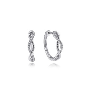 Gabriel & Co. EG13062W45JJ 14 karat white gold Hampton earrings, front view of two twisted hoops, one with the knurled back and hinge visible