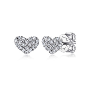 Gabriel & Co. EG13079W45JJ 14 karat white gold Lusso earrings, front view of the pair showing the pave diamond hearts and the back plate with its post