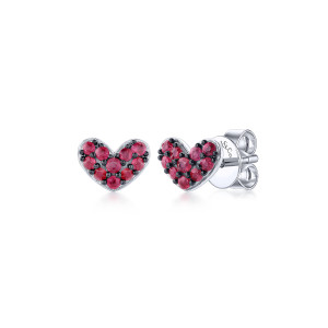 Gabriel & Co. EG13081SVJRB sterling silver Color earrings, front view of the pair, one heart face on, one turned to show the post and push back