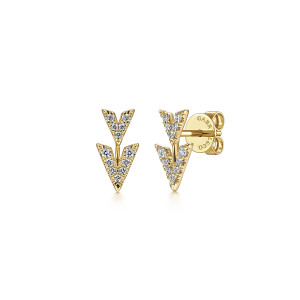 Gabriel & Co. EG13091Y45JJ 14 karat yellow gold Kaslique earrings, front view of the pair, one turned to show the post and push back behind the stacked arrowheads